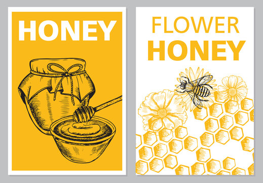 Honey and bees flyer set, hand drawn illustrations. Vector.	

