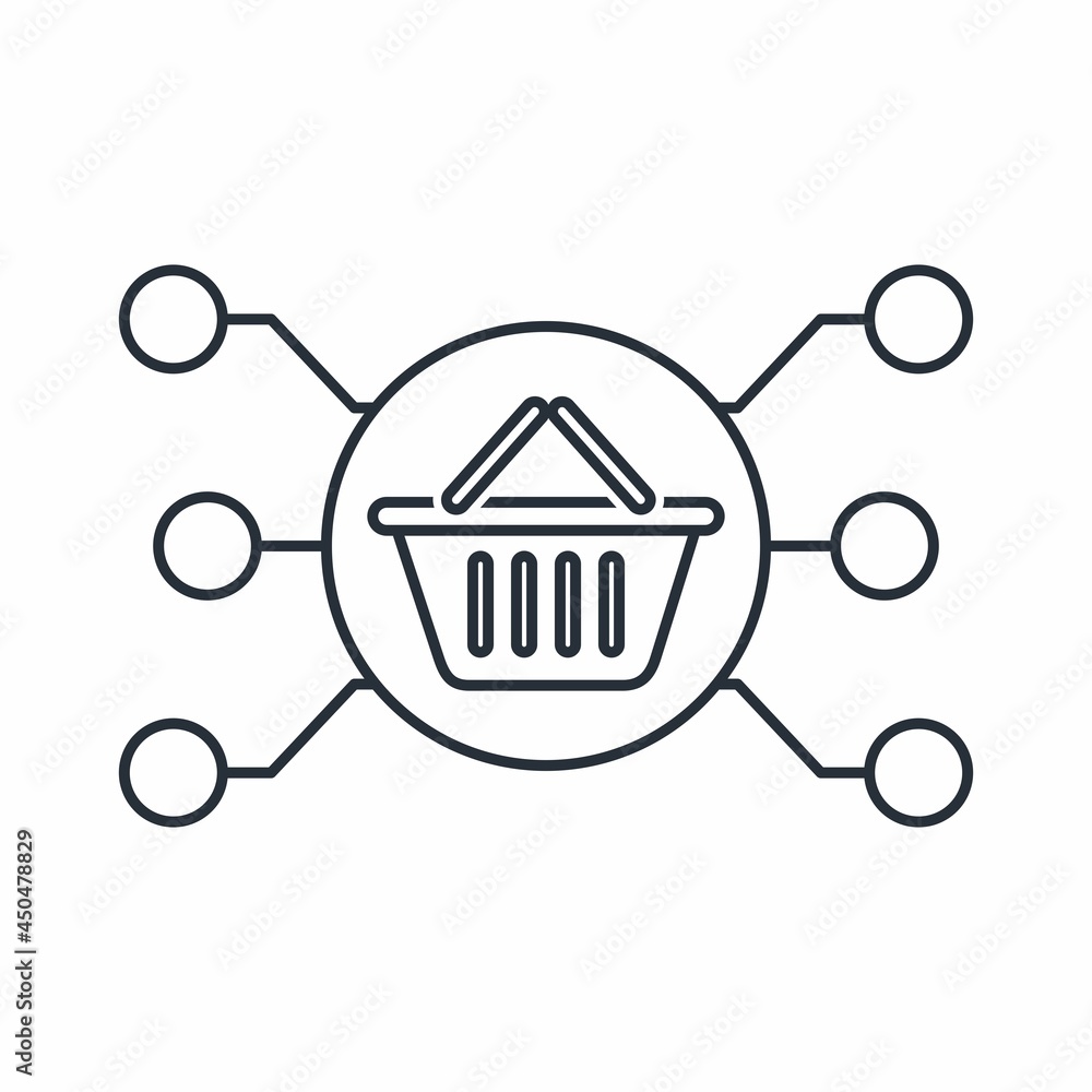 Poster shopping cart on the internet. the process of selecting products. vector linear icon isolated on whi