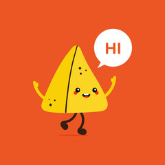 Cute and happy cartoon style samosa, indian baked savory pastry character with speech bubble saying hi, hello.
