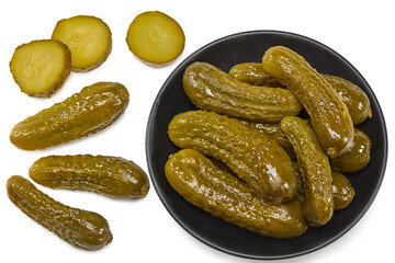 marinated pickled cucumbers in plate isolated on white background. top view with copy space. Clipping path and full depth of field