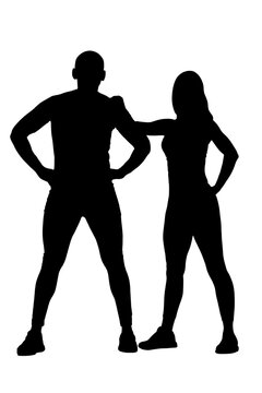 Silhouette of two fit athletic people on white background, 3D illustration, 3D rendering