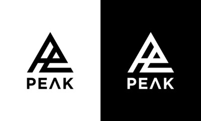 Letter PE triangle logo design with mountain peaks.