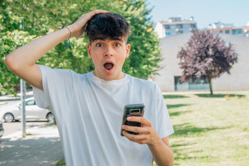 teenager boy with mobile phone on the street with surprised expression