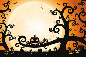 Halloween spooky trees and scary pumpkin faces with moonlight on orange background.