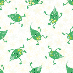 Cute kawaii leaf green yellow white seamless vector pattern background. Happy laughing dancing cartoon leaves on floral textured backdrop. Hand drawn motifs in scattered design. Repeat for kids