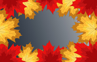 Red, yellow and orange maple leaves are located around perimeter of image. Ready-made layout for poster, ads, postcards. Flat autumn border