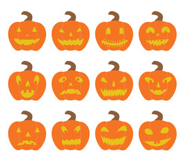 Vector illustrations of scary Halloween pumpkins with a smile. Isolated on white background. Vector design elements for icons, cards, posters.