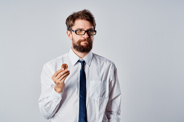 business man in shirt with tie cryptocurrency bitcoin investment
