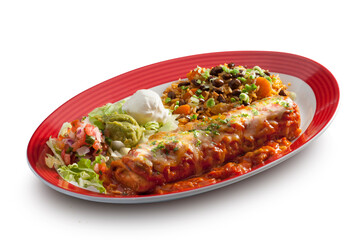 Carne con guacamole y verdura sobre fondo blanco, comida mejicana. Meat with guacamole and vegetables on a white background, Mexican food.