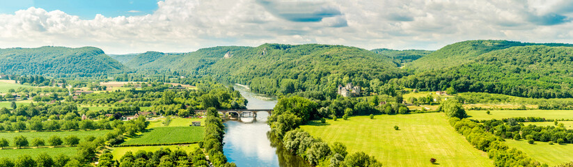 Panoramic view to the Countryside from the Beynac-et-Cazenac Castle located in the Dordogne department in southwestern France - obrazy, fototapety, plakaty