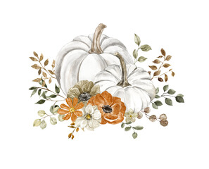 Watercolor floral pumpkins composition. Pastel pumpkin and flowers arrangement in rustic style. Rust and burnt orange flowers, fall foliage and leaves bouquet. Autumn invitation template. - obrazy, fototapety, plakaty