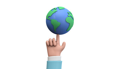 Cartoon style hand holding a planet earth. Earth day concept. 3D Render