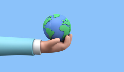 Cartoon style hand holding a planet earth. Earth day concept. 3D Render