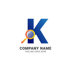 letter K magnifying glass company logo vector design element