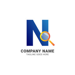 letter N magnifying glass company logo vector design element