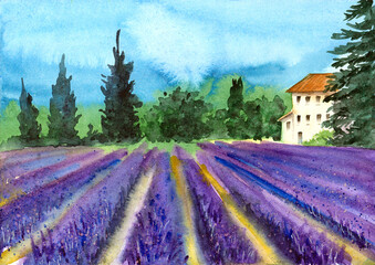 Watercolor picture of purple lavender field with a small house and with some trees and green hills on the background
