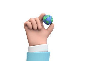 Cartoon style hand holding a planet earth. Earth day concept. 3D Render