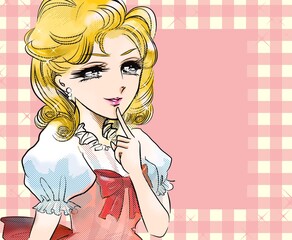 70年代少女漫画お上品に微笑む縦ロールとリボンのついたドレスを着たお嬢様