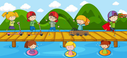 Scene with many dooddle kids cartoon character on the bridge crossing river
