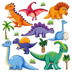 Set of isolated various dinosaurs cartoon character on white background © GraphicsRF
