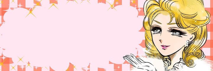 70年代少女漫画金髪お色気美女とキラキラ輝く星の広告イラスト