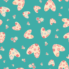 Colorful love heart vector seamless pattern in boho style. Aqua blue pink retro floral hearts and flowers backdrop. Scattered folk art bohemian botanical repeat. Repeat for giftwrap, packaging