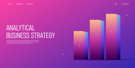 website banner with 3d isometric bar chart with line graph of growth