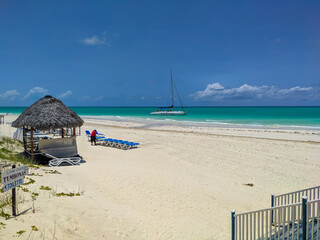 Cayo Guillermo, Cuba, 16 may 2021: Nice view of Pilar beach with white sand and azure ocean against...