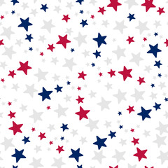 Stars. Repeating vector pattern. Isolated colorless background. Flat style. Seamless ornament in the colors of the USA flag. Delicate background. Idea for web design, packaging, wallpaper, covers