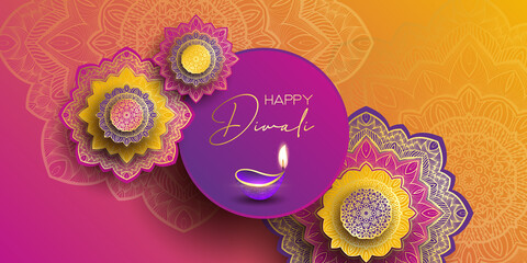Happy Diwali. Paper Graphic of Indian Rangoli. Rangoli - A traditional Indian art of decorating the entrance to a house. Diwali festival holiday design with paper cut style of Indian Rangoli. 