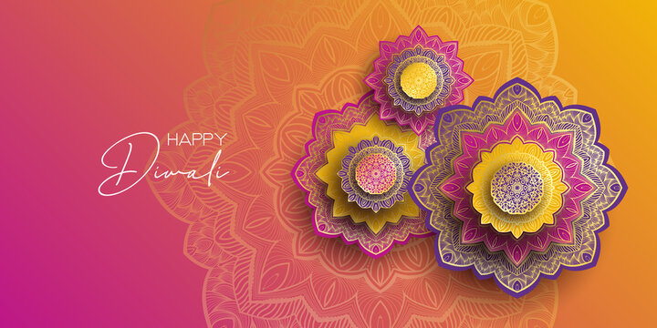 Happy Diwali. Paper Graphic of Indian Rangoli. Rangoli - A traditional Indian art of decorating the entrance to a house. Diwali festival holiday design with paper cut style of Indian Rangoli. 