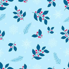 Fototapeta na wymiar Blue leaves, red berries, fir branches, white snowflakes and dots on a light blue background. Seamless winter Christmas pattern. Suitable for packaging, textile, wallpaper.