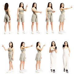Fototapeta na wymiar Collection of gen Z young women using touch screen various gestures and showing smart phone screen. Full body people isolated on white background