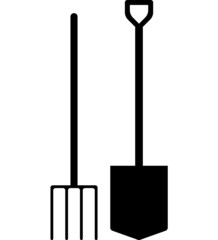 Garden shovel and pitchfork. Silhouette. Black silhouette on a white background. The symbol of country life, farming.