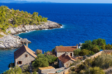 Fototapeta na wymiar Traditional stone houses on Dubovica bay ,Hvar Island, the Adriatic Sea, Croatia