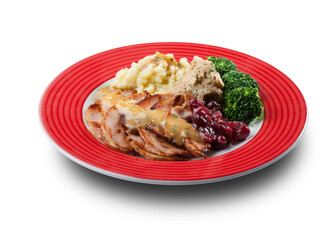 Carne de cerdo con verduras y mermelada de frambuesas sobre fondo blanco. Pork meat with vegetables and raspberry jam on white background.