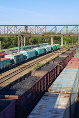 Kazakhstan railway. Top view of freight wagons