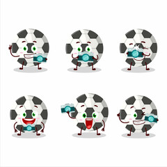 Photographer profession emoticon with soccer ball cartoon character - 450486282