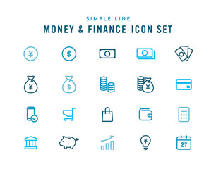 お金や金融のアイコンセット　ビジネス　シンプル　通貨　現金　貨幣　紙幣　札　コイン　銀行　貯金