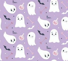 seamless pattern with halloween night: ghosts, bats, bones, potion. In a cartoon style.