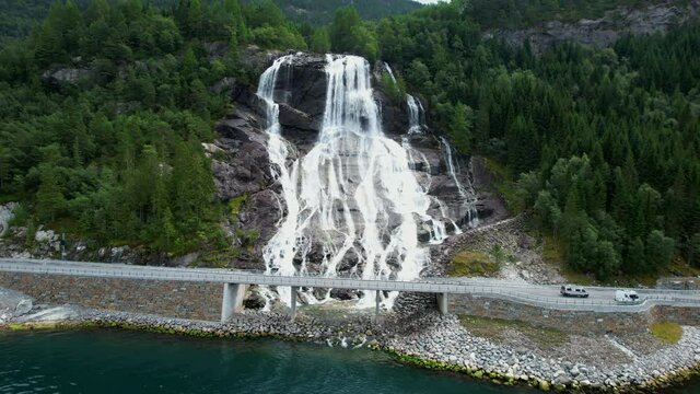 Aerial View of Norwegian Furebergfossen Waterfall in the Norway Vestland County. Scenic Summer Landscape.