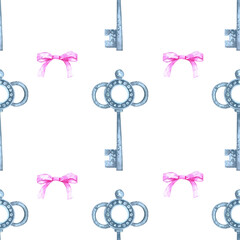 Watercolor pattern with keys and pink bows. Illustration for packaging paper, fabric, postcards and your decor.