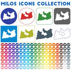 Milos icons collection. Bright colourful trendy map icons. Modern Milos badge with island map. Vector illustration.