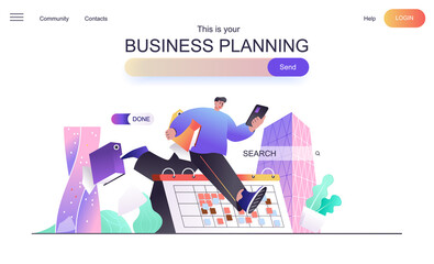 Business planning web concept for landing page. Time management and organization at work, employee schedules tasks in calendar banner template. Vector illustration for web page in flat cartoon design