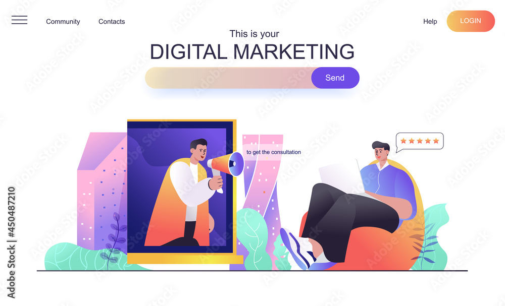 Poster digital marketing web concept for landing page. marketer with megaphone makes online advertising cam