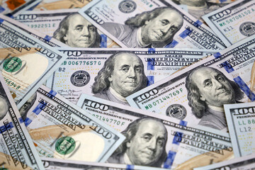 US dollars banknotes, paper currency for background. Concept of american and global economy, exchange rate