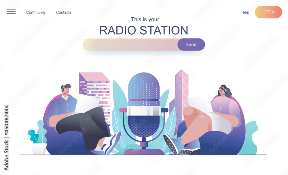 Leinwandbilder radio station web concept for landing page. presenters on radio program speak to microphone, man and