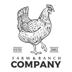 Fototapeta na wymiar vector logotype of chicken farm with silhouette of bird isolated in white background. vintage logo illustration