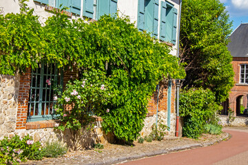 Fototapeta na wymiar Gerberoy, Façade de maison couverte de roses dans la rue principale du village. Oise. Picardie. Hauts-de-France 