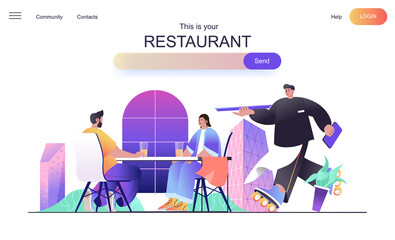 Restaurant web concept for landing page. Man and woman having dinner, waiter carries menu, romantic date or family evening banner template. Vector illustration for web page in flat cartoon design